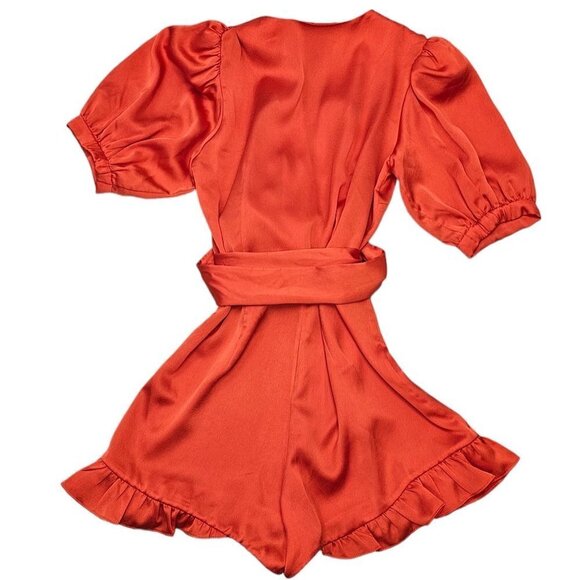 Alexis V-Neck Orange Frill Cuff Romper Wrap Around TIe Waist Puff Sleeve  Size S - Picture 2 of 9